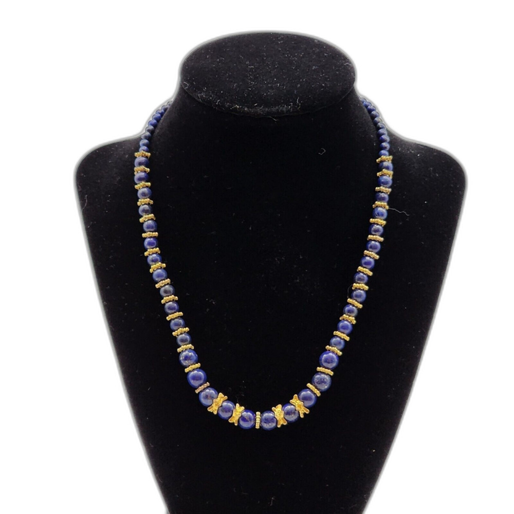 Stauer Blue Lapis Lazuli Gemstone Bead Vintage Necklace with Gold Accents